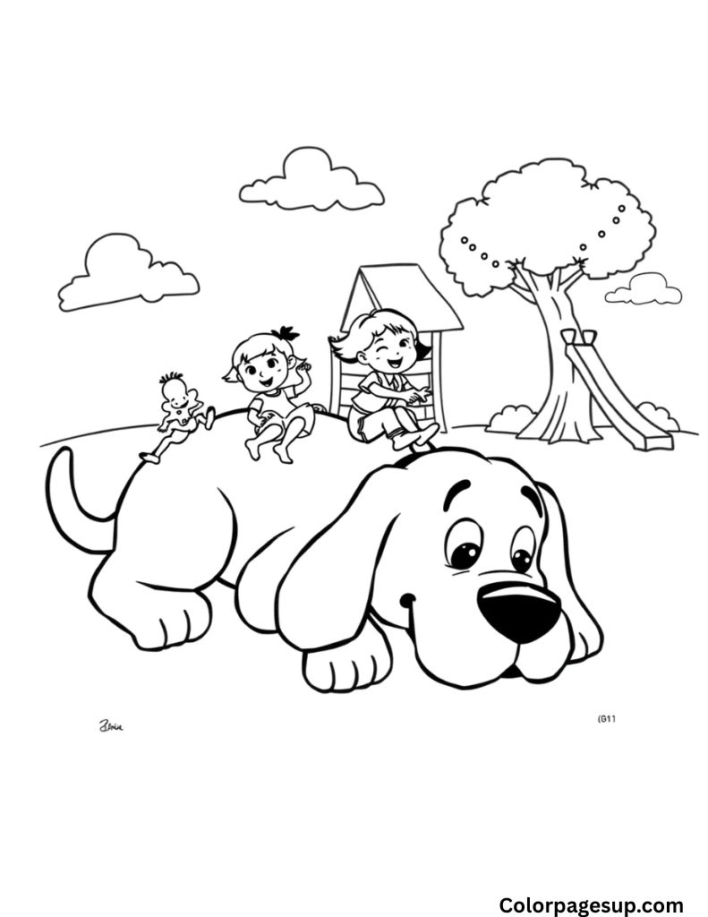 Red Clifford dog playing with kids Color pages